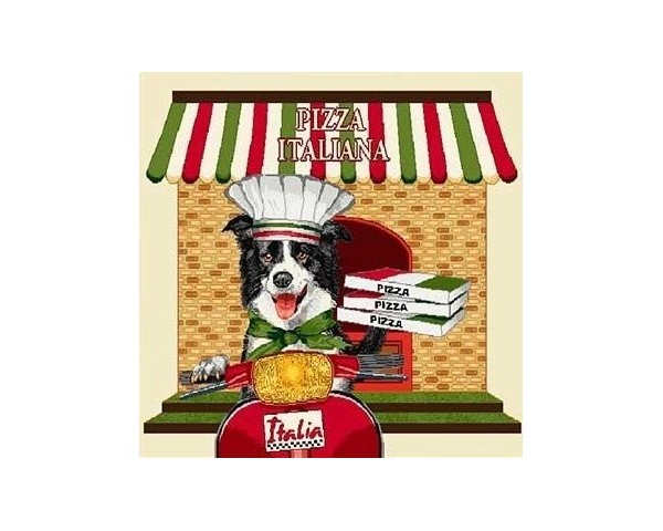 FUNDA DE COJÍN GOBELINO, UNA CARA, DISEÑO DE PERRO BORDER COLLIE REPARTIDOR DE PIZZAS, 45 X 45 CM.