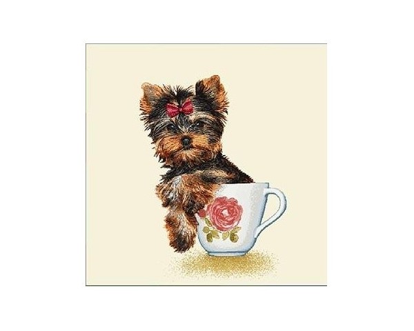 FUNDA DE COJÍN GOBELINO, UNA CARA, DISEÑO DE PERRO YORKSHIRE LAZO Y TAZÓN, 45 X 45 CM.