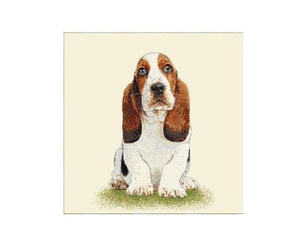 FUNDA DE COJÍN GOBELINO, UNA CARA, DISEÑO DE PERRO BASSET ROLF POSE, 45 X 45 CM.