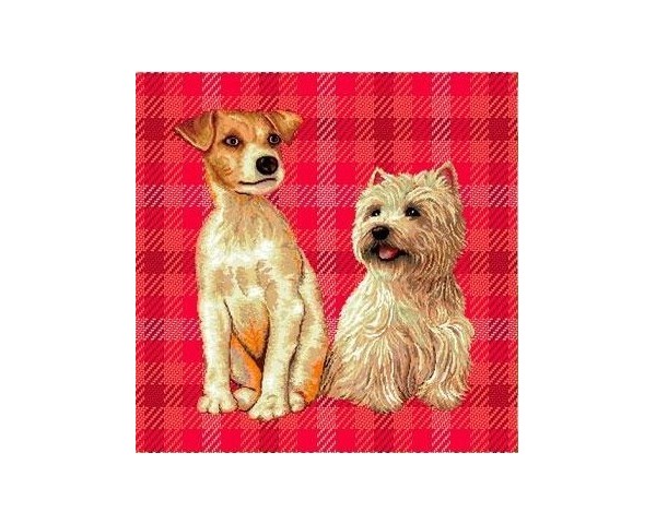 FUNDA DE COJÍN GOBELINO, UNA CARA, DISEÑO DE PERROS FOX TERRIER OLIVER Y HIGHLAND HARRY CUADROS ROJO, 45 X 45 CM.