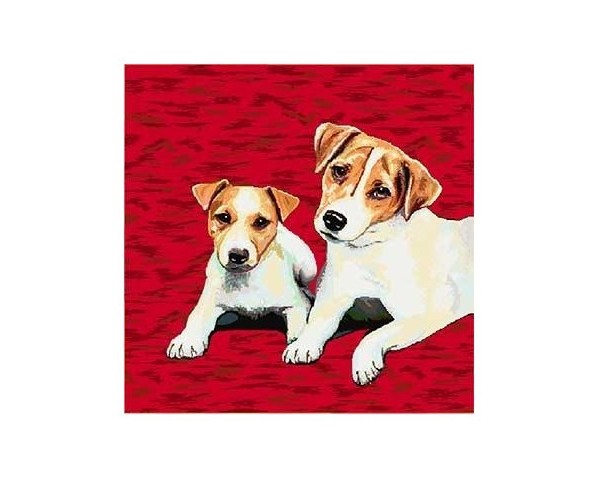 FUNDA DE COJÍN GOBELINO, UNA CARA, DISEÑO DE PERROS FOX TERRIER JACK Y JACOB FONDO ROJO, 45 X 45 CM.
