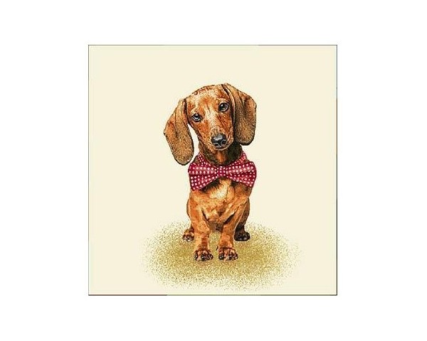FUNDA DE COJÍN GOBELINO, UNA CARA, DISEÑO DE PERRO TECKEL PAJARITA, 45 X 45 CM.