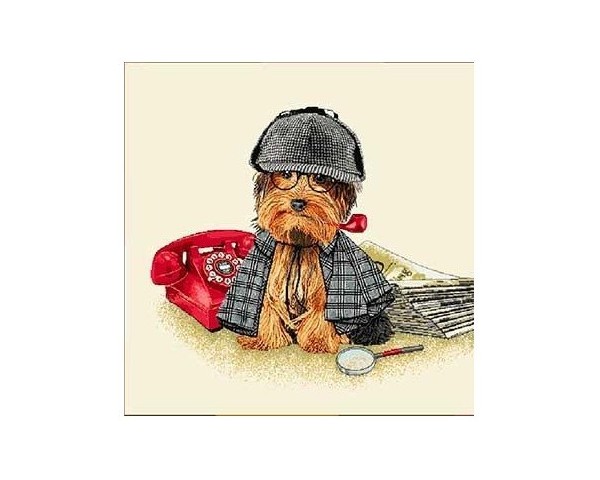 FUNDA DE COJÍN GOBELINO, UNA CARA, DISEÑO DE PERRO YORKSHIRE DETECTIVE, 45 X 45 CM.