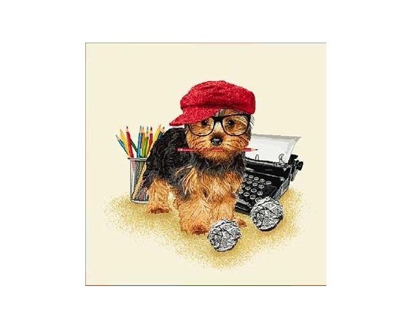 FUNDA DE COJÍN GOBELINO, UNA CARA, DISEÑO DE PERRO YORKSHIRE ESCRITOR, 45 X 45 CM.