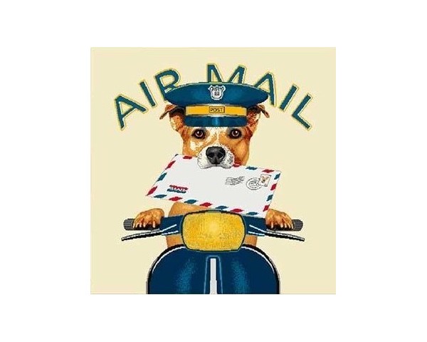 FUNDA DE COJÍN GOBELINO, UNA CARA, DISEÑO DE PERRO FOX TERRIER CARTERO AZUL, 45 X 45 CM.